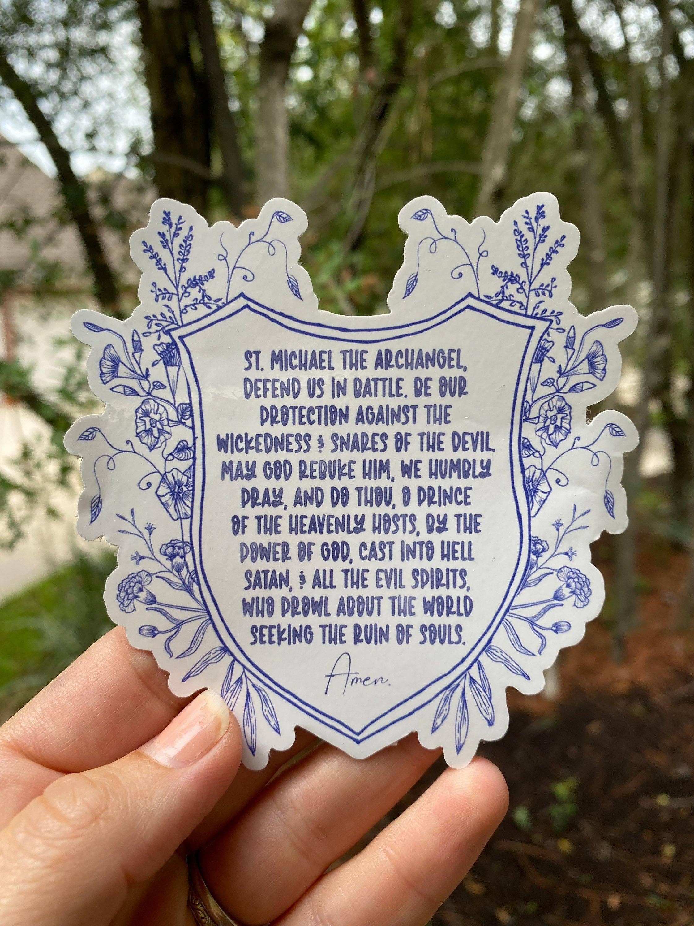 Meyer Market Designs - Wholesale Sticker - 4” x 4" Static Cling Saint Michael prayer Sticker. Saint Michael defend us in battle. Saint Michael Static Cling Stickers. Saint Decal0