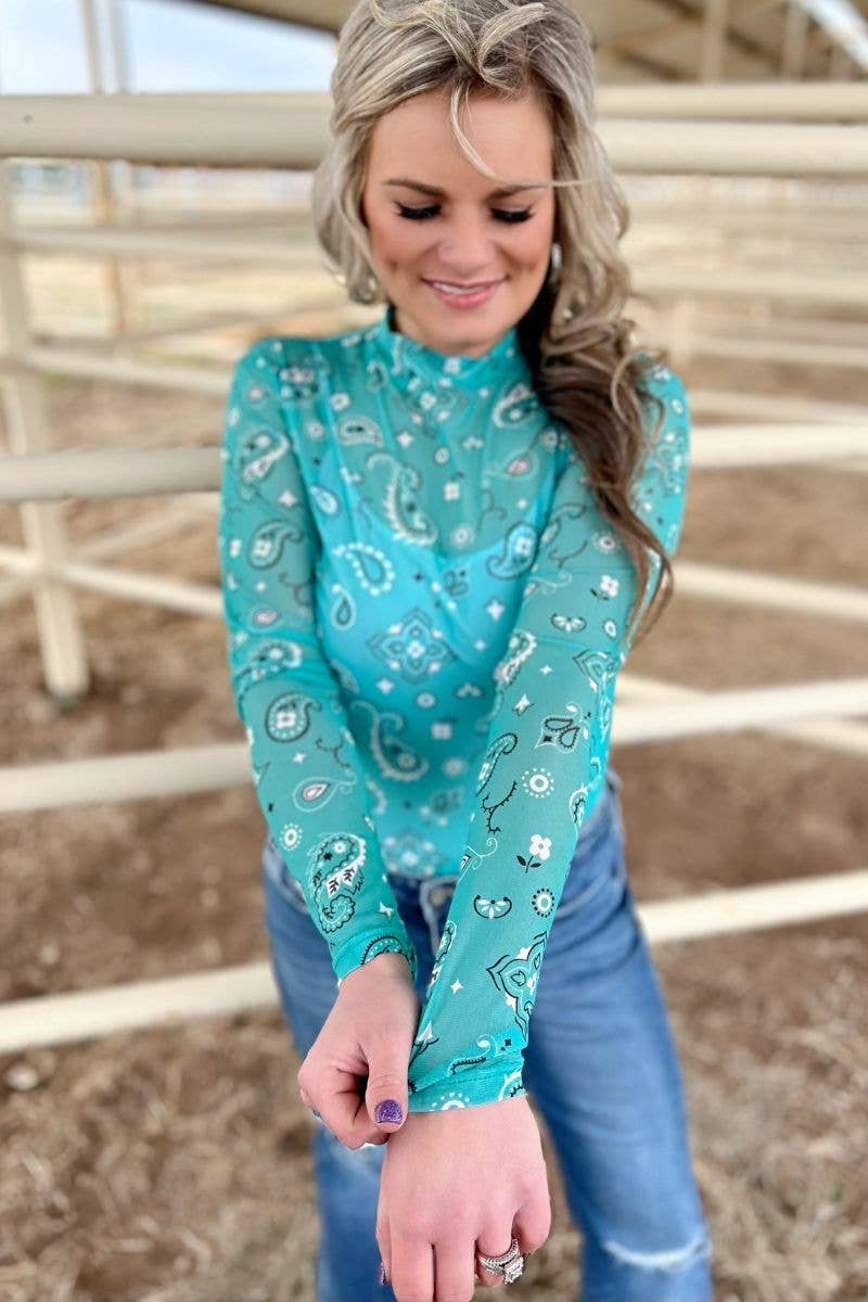Sterling Kreek - Wholesale Blouse - Women's - Bandana Babe Mesh Top Turquoise10