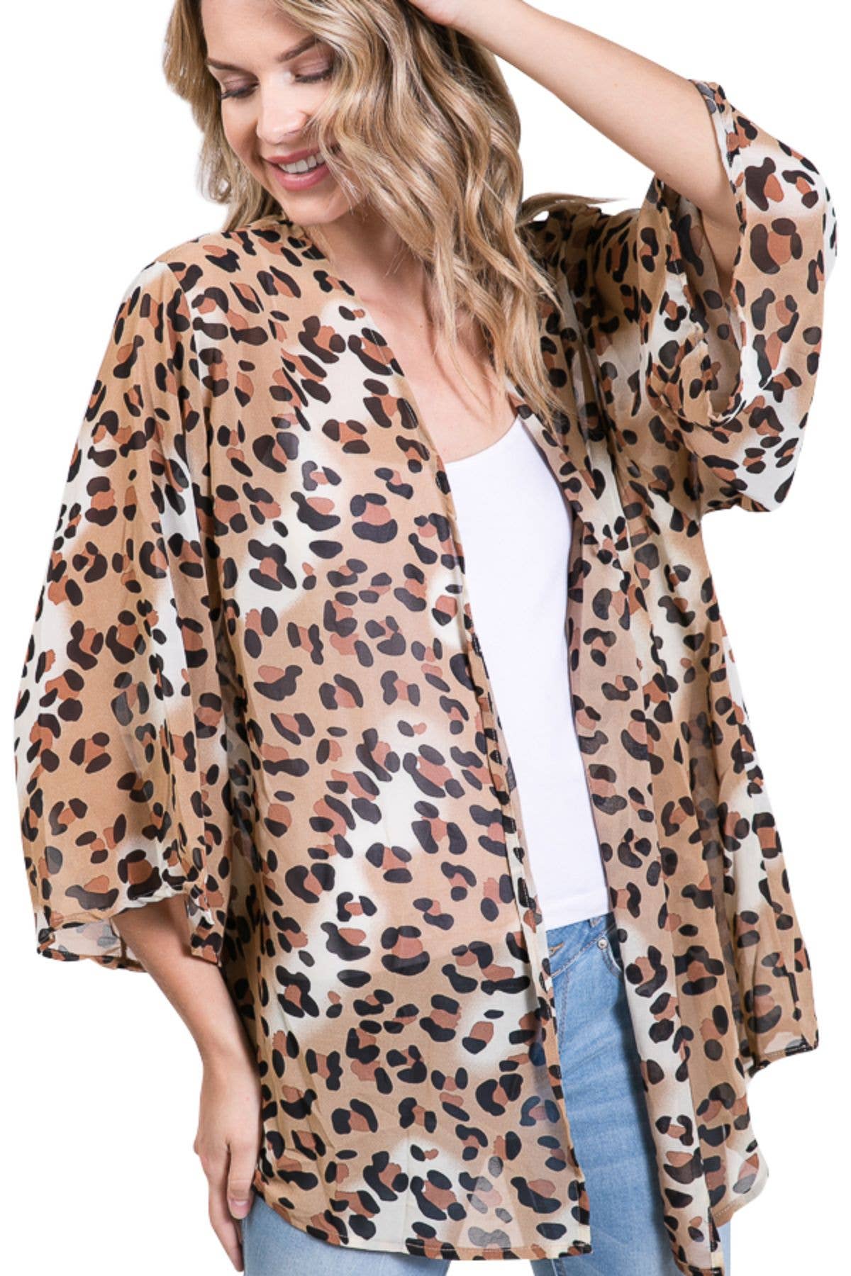 Shop Lev - Vendita all'ingrosso Kimono - Donna - Cardigan oversize in chiffon con maniche a kimono con stampa leopardata leggera2