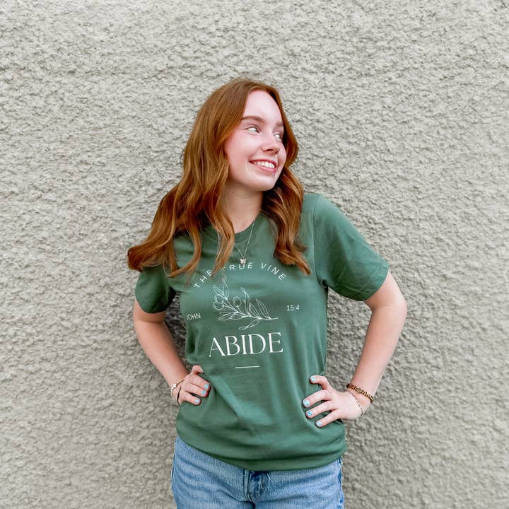 Faith & Life Christian Brands - Wholesale Screen Printed T-Shirt - Women's - Abide Olive Branch Vine Women's Christian Graphic T-Shirt1
