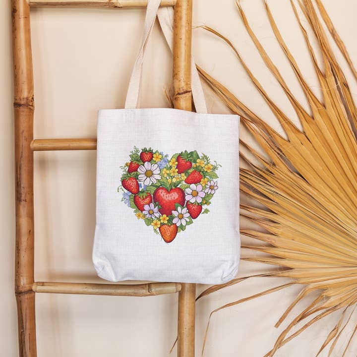 Strawberry Fruit Printed Shopping Library Tote Bag for wholesale by Home and Honey Shop