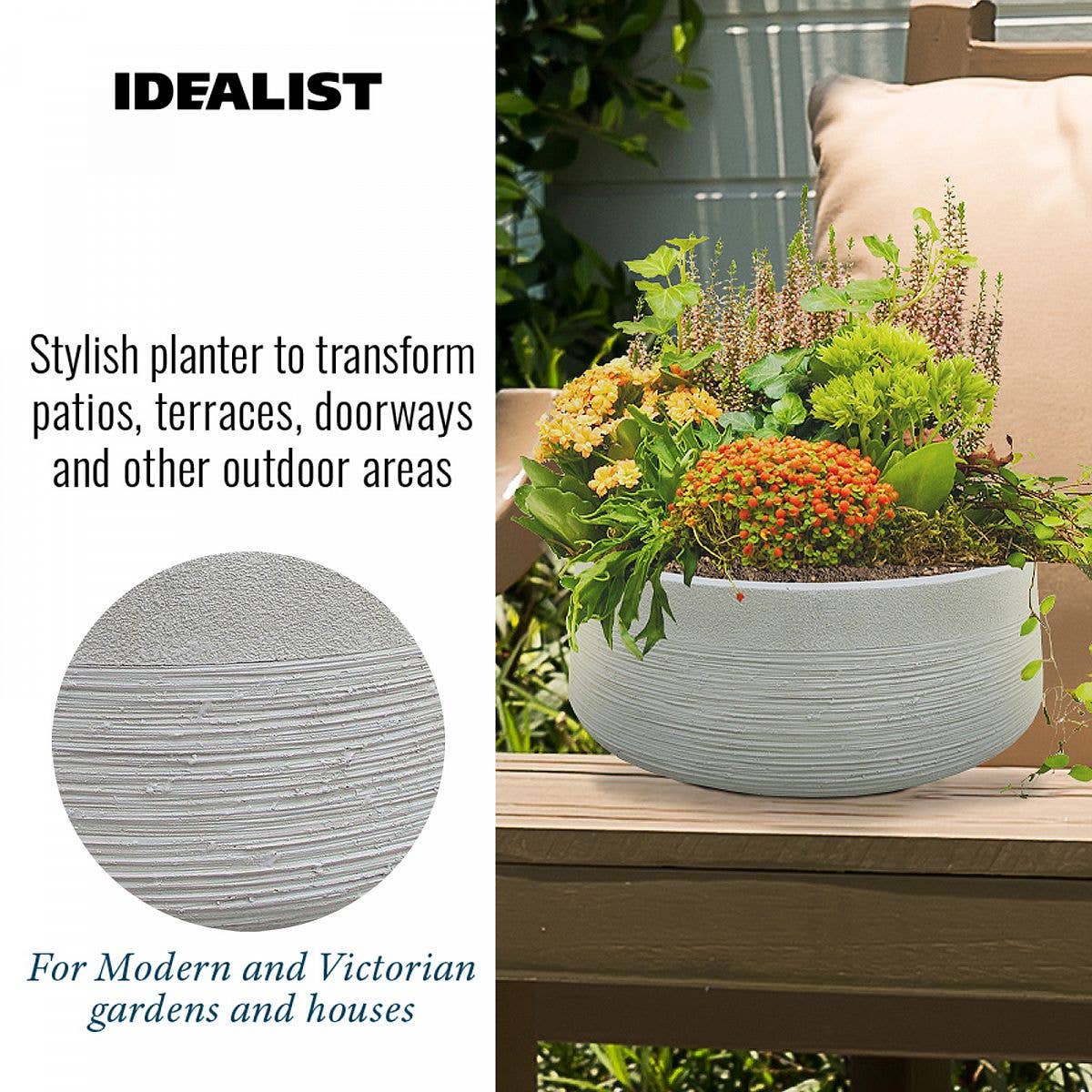 Idealist Lite Fibrestone Planters - Wholesale Plant Pot - IDEALIST Ribbed Light Concrete Bowl Planter7