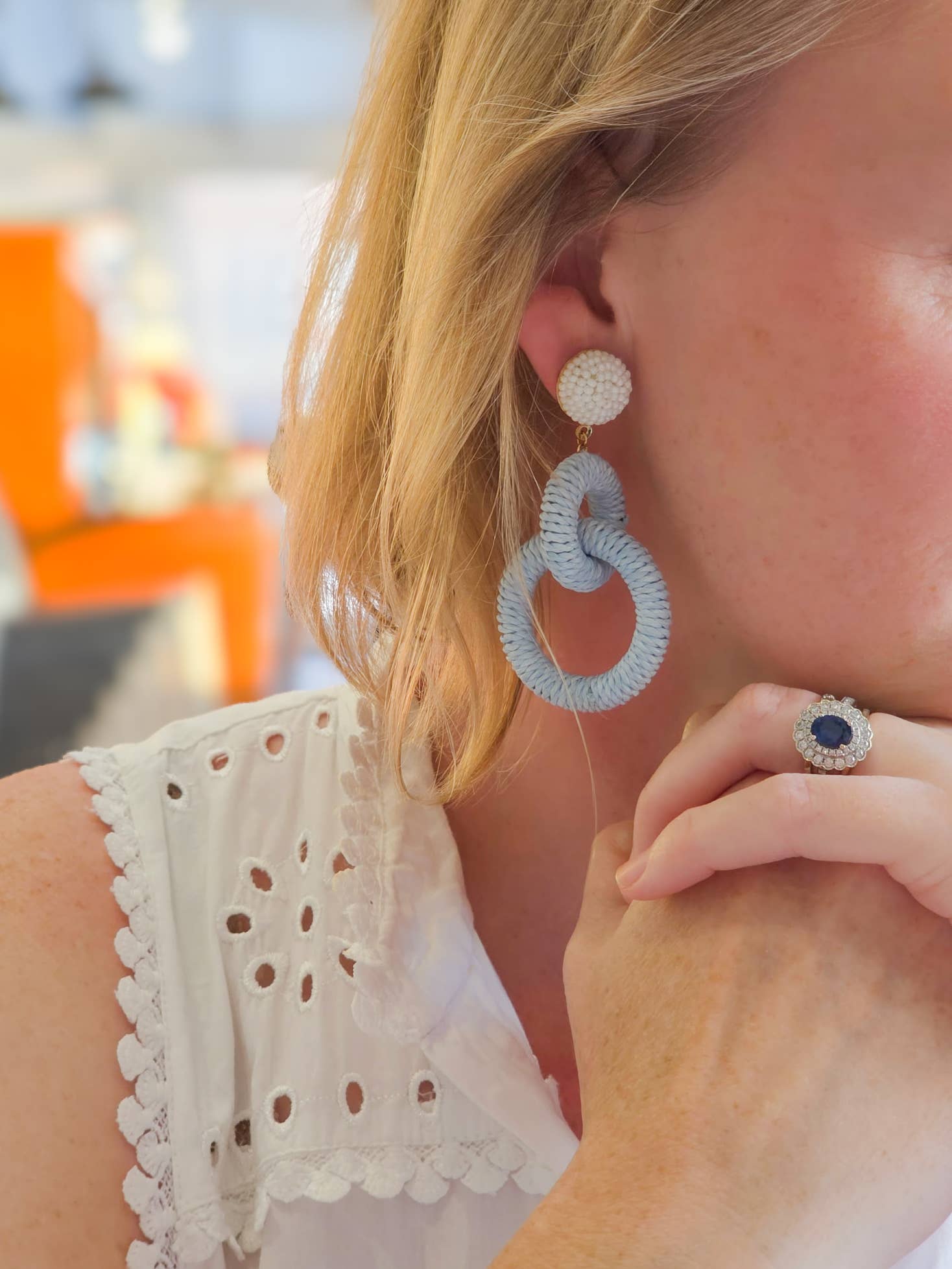 Gaby & Grace - Wholesale Dangle Earrings - Nantucket Raffia Earrings | Carolina Blue and White1