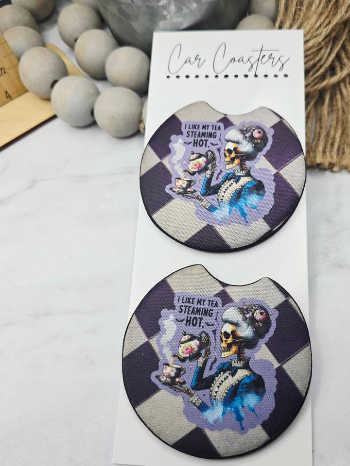 Steaming Hot Tea Car Coasters for wholesale by Woody Bee Creations