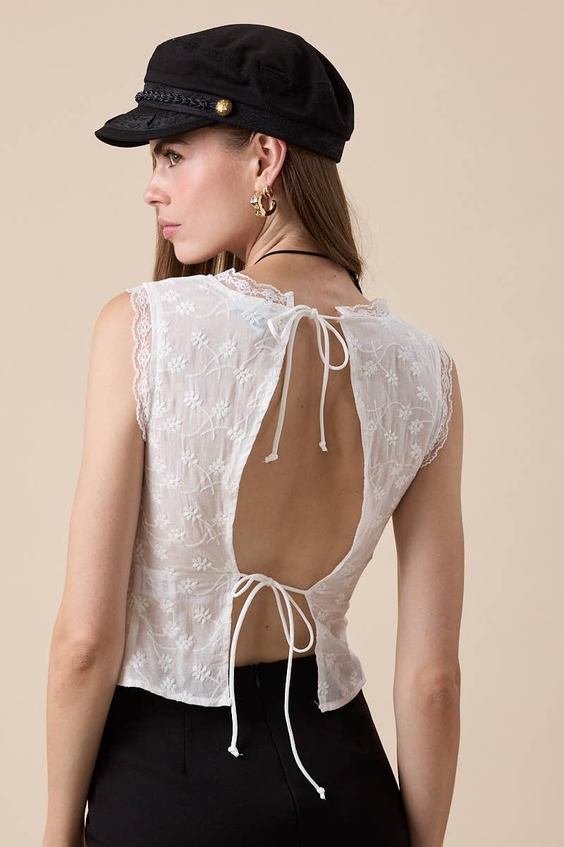 BACK DOUBLE TIES WHITE FLORAL EMBOSSED LACE TOP for wholesale on Faire4