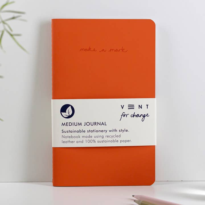 Orange Medium Journal made from recycled leather for wholesale by VENT for Change USA