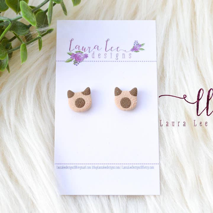 Cat Head Clay Stud Earrings || Siamese for wholesale by Laura Lee Designs