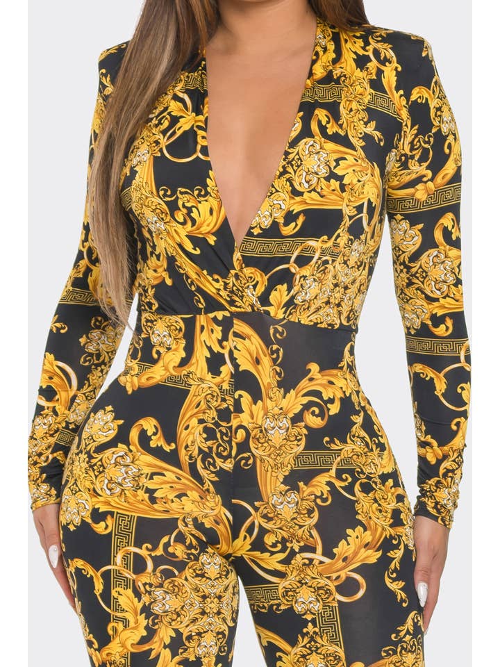 BLACK GOLD J7476 Shoulder Pad Wrap Print Jumpsuit for wholesale on Faire