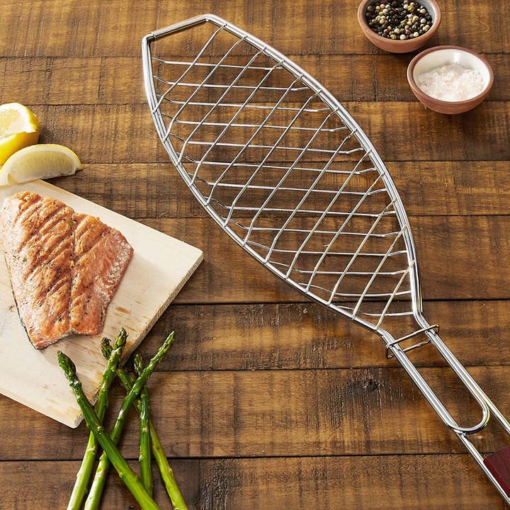 Fox Run Brands - Wholesale Outdoor grill tools - Outset Fish Grill Basket with Rosewood Handle,23"x 12" x 6"1