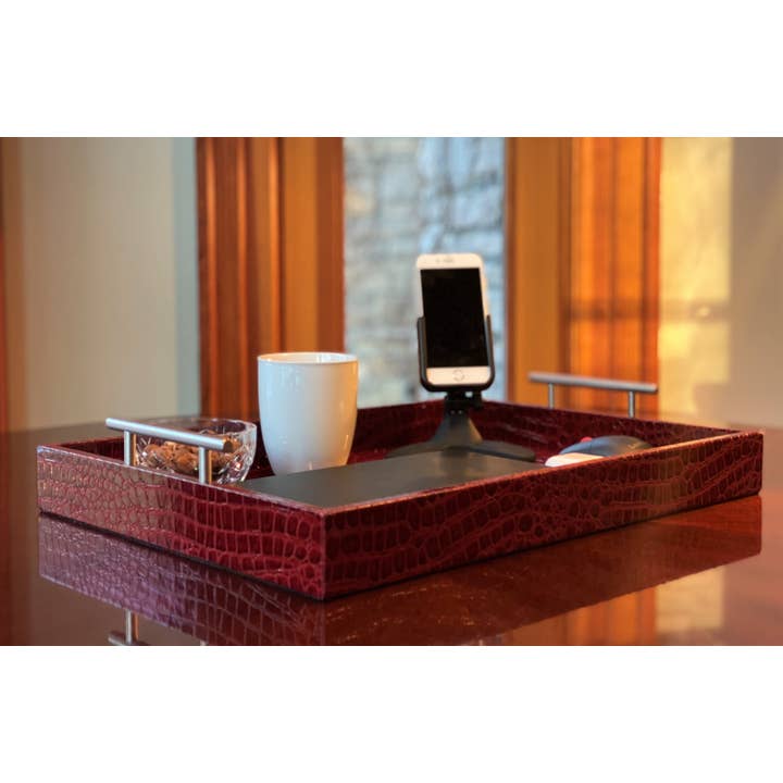 One Preevay Luxury Home Furniture & Decor – Engroshandel Skrivebordsindretning – Professionel bærbar arbejdsstation med dobbelte adgangsport og premium rød præget læder – slidstærk og let