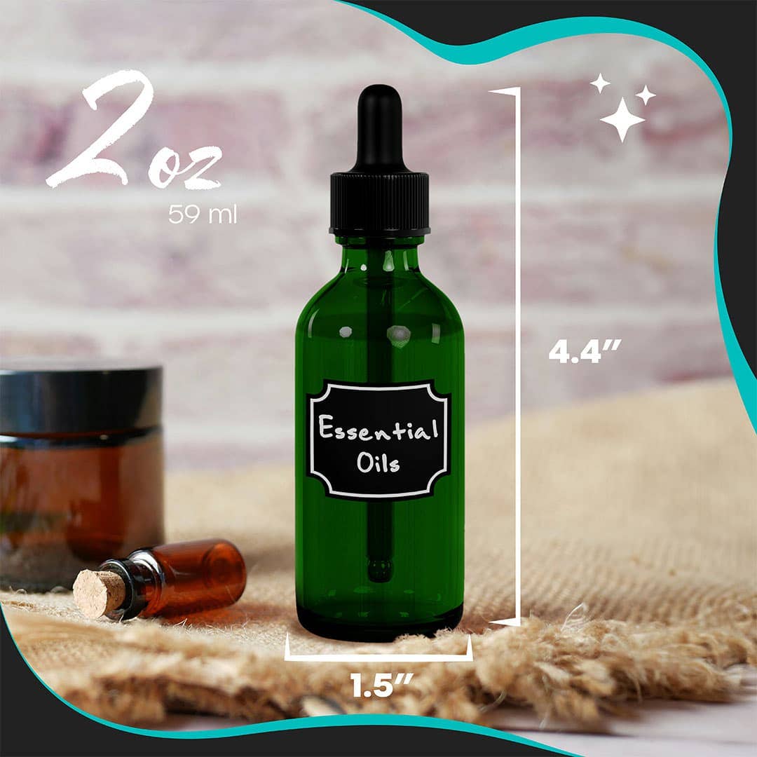 Nevlers – Engroshandel Rejseflaske og beholder – Nevlers 2 oz grøn glasflaske med pipette (sæt med 24) | Inkluderer krympefolie, flaskebørste, tragt, marker og etiketter2