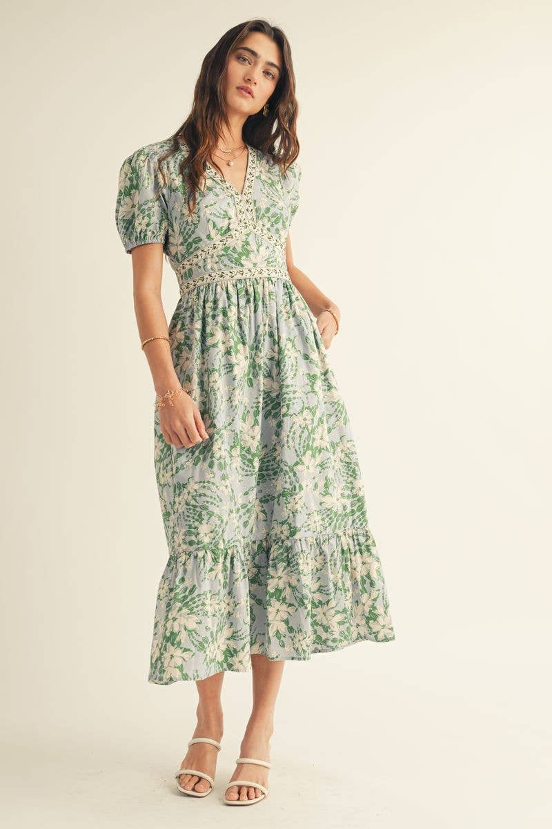 Azul Multi VESTIDO MIDI COM ESTAMPADO FLORAL, DECOTE EM V E BABADOS NA BAINHA para venda a revendedores na Faire7