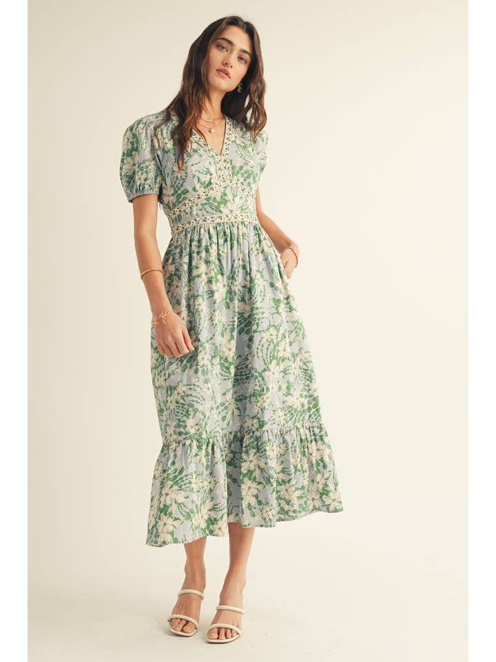 Blu Multi ABITO MIDI CON STAMPA FLOREALE, SCOLLO A V E BALZA SUL FONDO in vendita all'ingrosso su Faire7