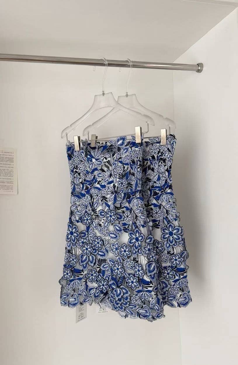 DR615 Lace Embroidery Short Tube Dress with Blue Contrast for wholesale on Faire2