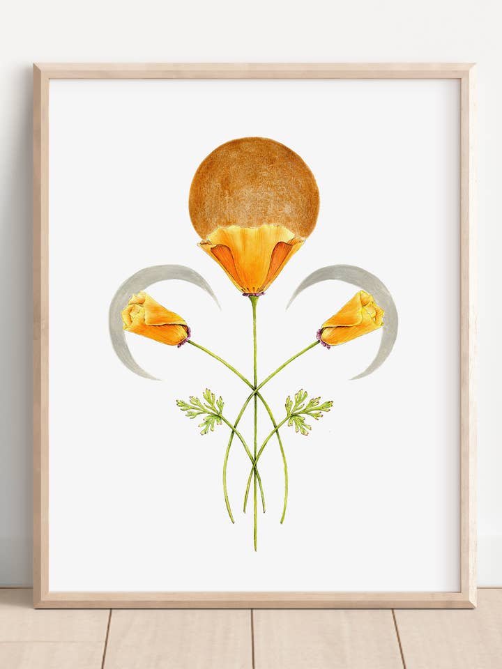 California golden poppies and moon phases art print for wholesale by Hannah Moore Art