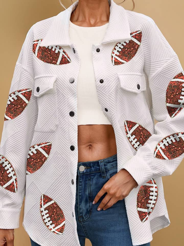As shown Game Day * Sequin Rugby Football Textured Shacket | S-2XL for wholesale on Faire