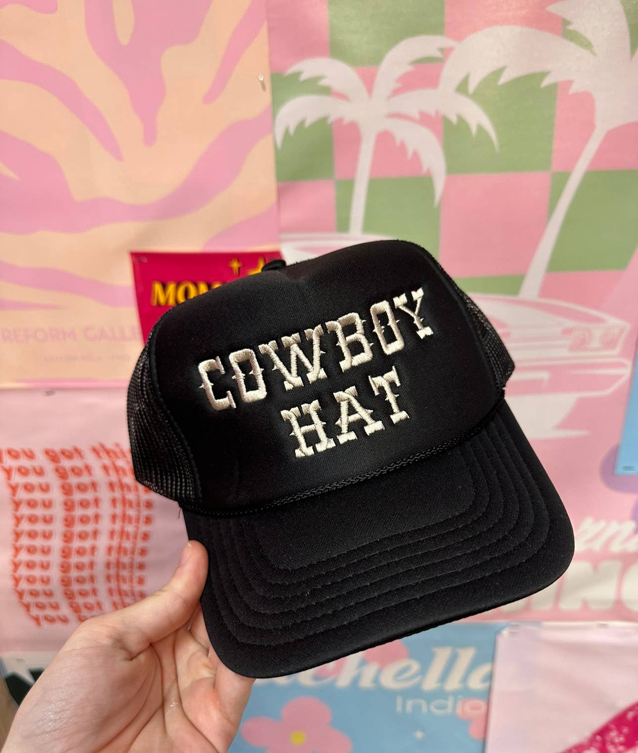 Happy Hour - Wholesale Trucker Hat - Women's - Black Cowboy Hat Trucker Hat: Embrodiary1