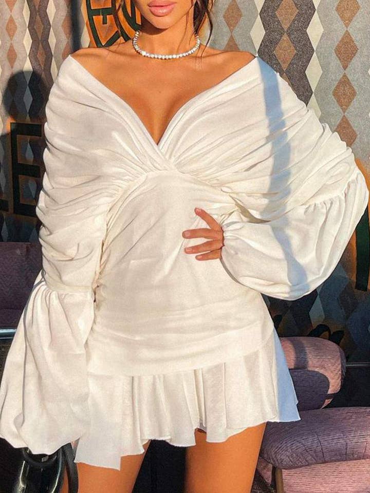 ruched bell sleeve vneck casual dress for wholesale by Queen Fashion