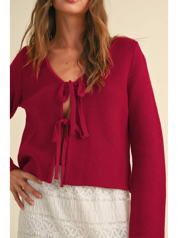 Red J4721 LONG SLEEVE KNITTED TIE FRONT CARDIGAN for wholesale on Faire