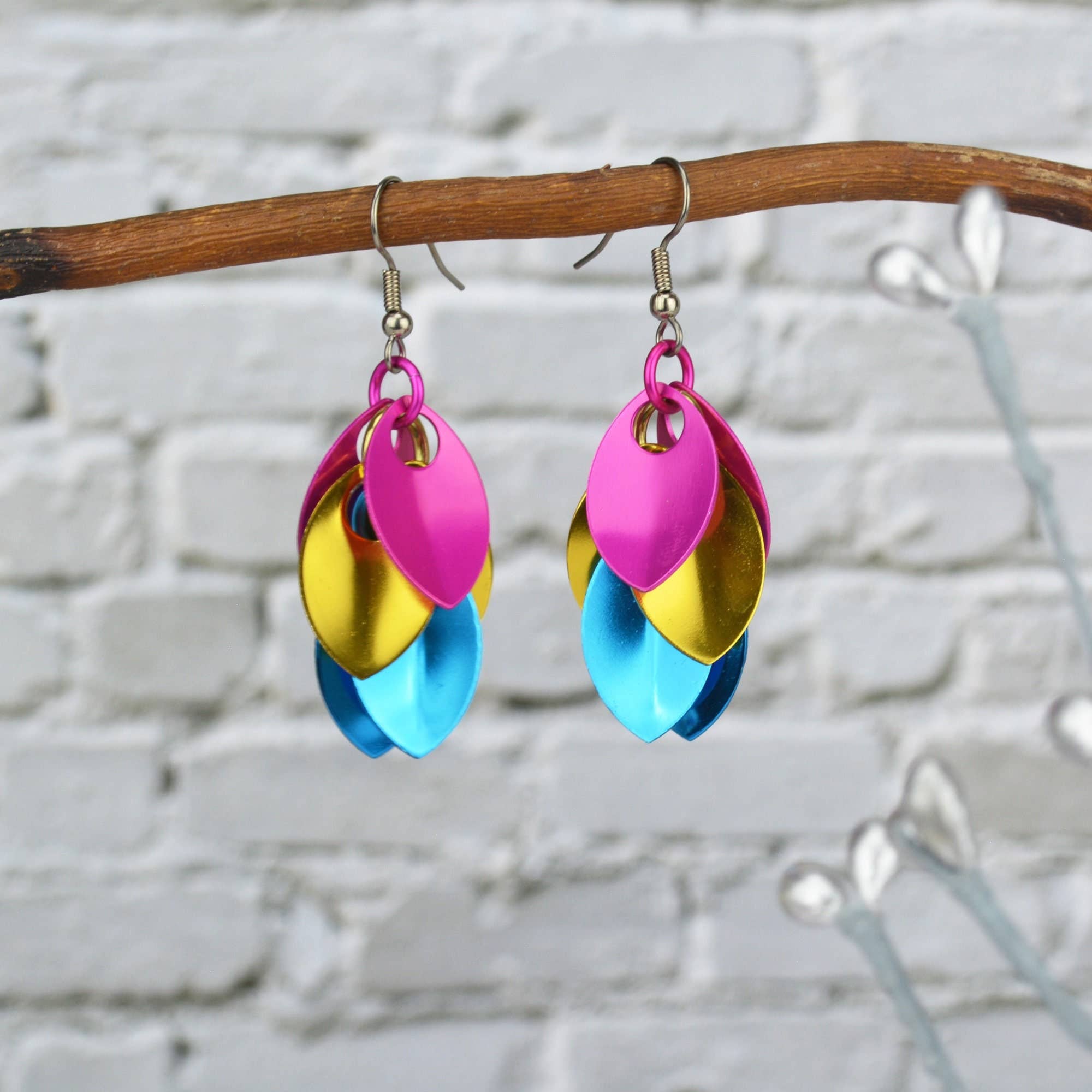 Rebeca Mojica Jewelry - Wholesale Dangle Earrings - Pansexual Pride - Cascading Leaves Short Earrings6