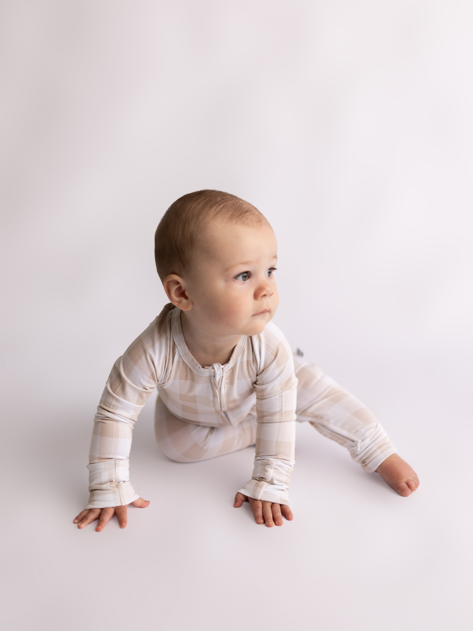 LMK Designs - Wholesale Jumpsuit - Baby - Tan Gingham Zipper Romper1