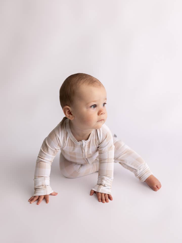 LMK Designs - Wholesale Jumpsuit - Baby - Tan Gingham Zipper Romper1