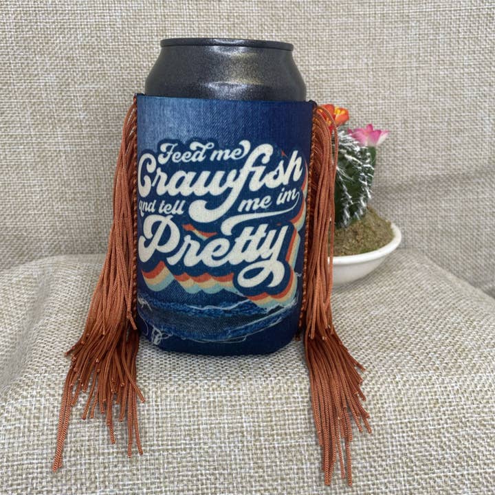 RAD Wholesale - Wholesale Drink Huggers & Koozies - Regular Denim Feed Me Crawfish Fringe Koozie