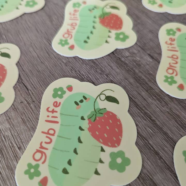 The Sadsquatch - Wholesale Sticker - Grub Life - Cute Bug Strawberry Vinyl Sticker Caterpillar