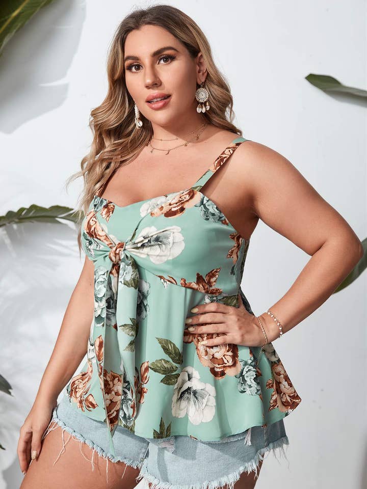 MULTICOLOR plus shirred back knot front floral print cami top for wholesale on Faire4