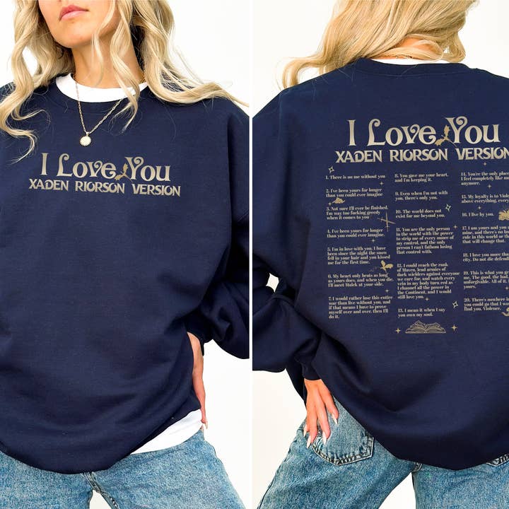MagicMerchEmporium – Camisola gráfica - Mulher por atacado – "Camisola "I Love You - Versão Xaden Riorson" - Fourth Wing"