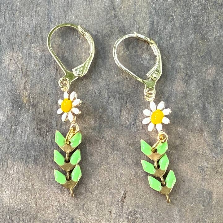 White and Green Enamel Daisy Earrings for wholesale by Carley King Jewels