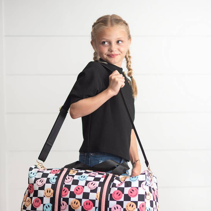 Oopsie Daisy - Wholesale Weekender Bag - Kids - Kids Smiley Face Checkered Weekender Dance Travel Bag0
