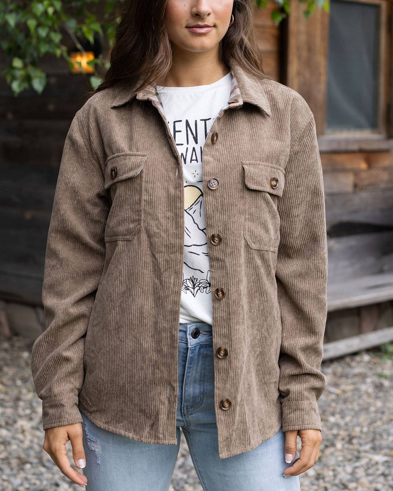 Reversible Corduroy Shacket in Tan/Olive Plaid for wholesale on Faire4