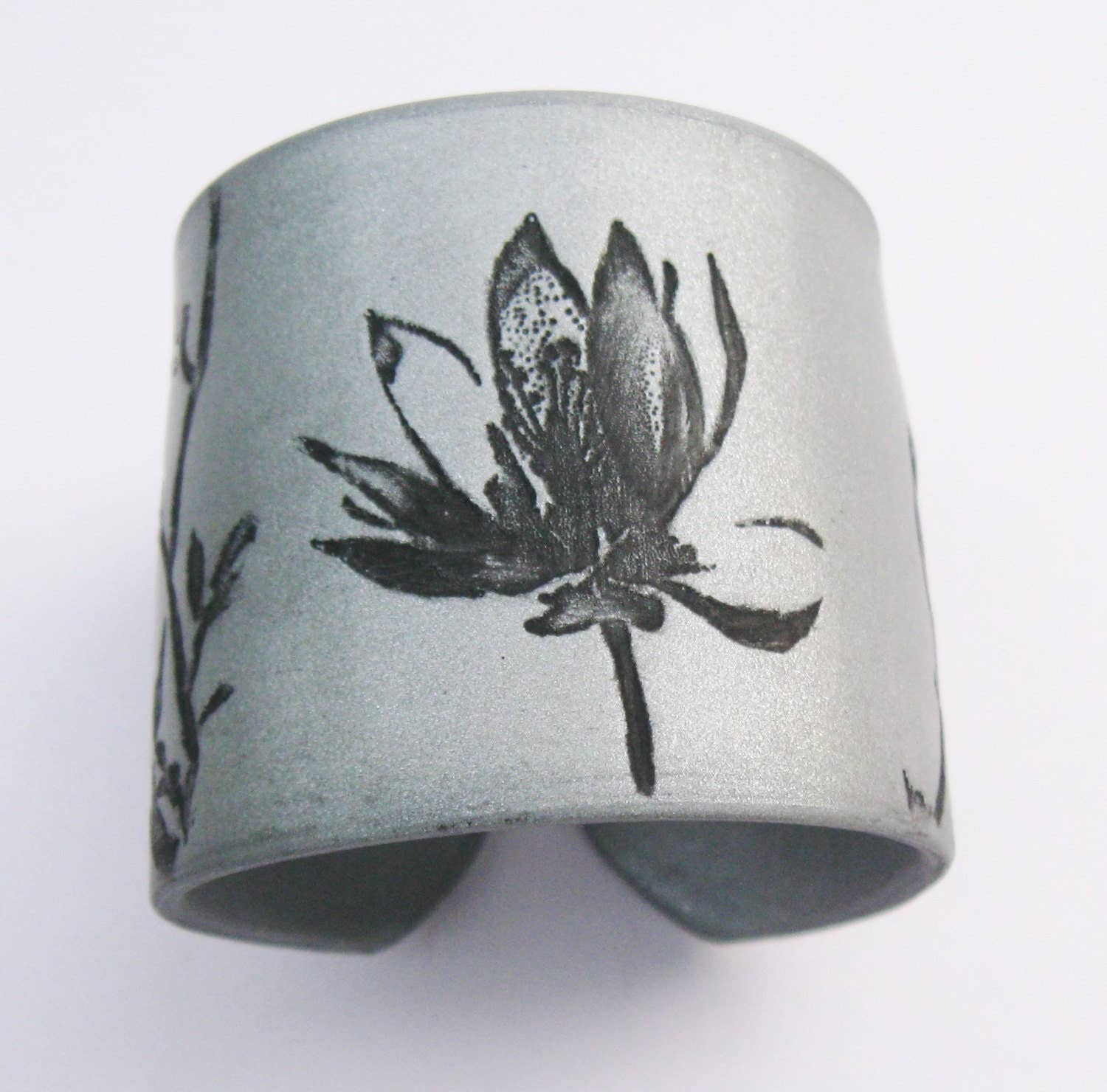 Tea House Designs - Wholesale Cuff Bracelet - Silver Cuff Bracelet, Black Asian Magnolia Design, Handmade1