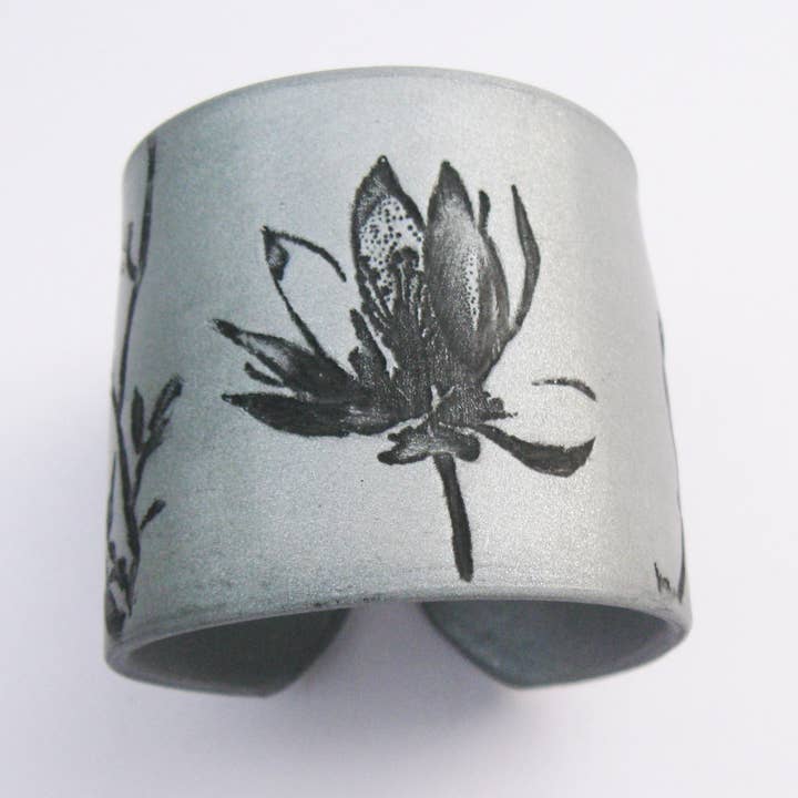 Tea House Designs - Wholesale Cuff Bracelet - Silver Cuff Bracelet, Black Asian Magnolia Design, Handmade1