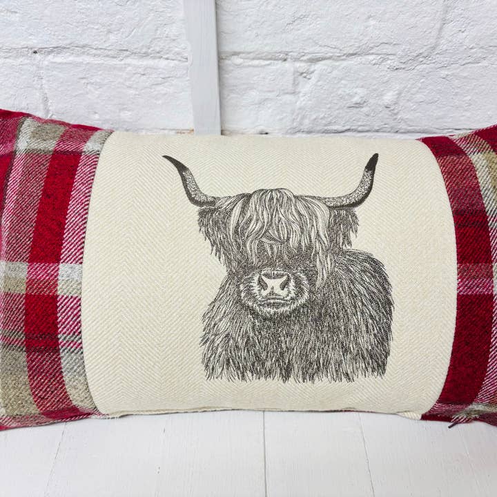 Highland Cow Cushion-Red Wool Long Cushion for wholesale by Lizzie Dixon Designs