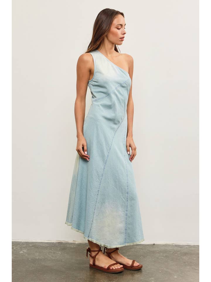 RAW CUT HEM ONE SHOULDER DENIM DRESS for wholesale on Faire