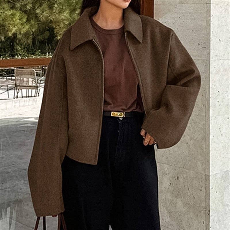 Brown Solid Color Notched Collar Thick Wool Jacket for wholesale on Faire1