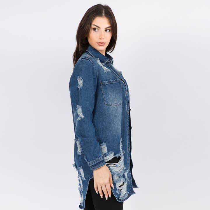 American Bazi – Casaco camiseiro – Mulher por atacado – JAQUETA DE CAMISAS JEANS DE COMPRIMENTO COMPRIDO-RJK3712SI1