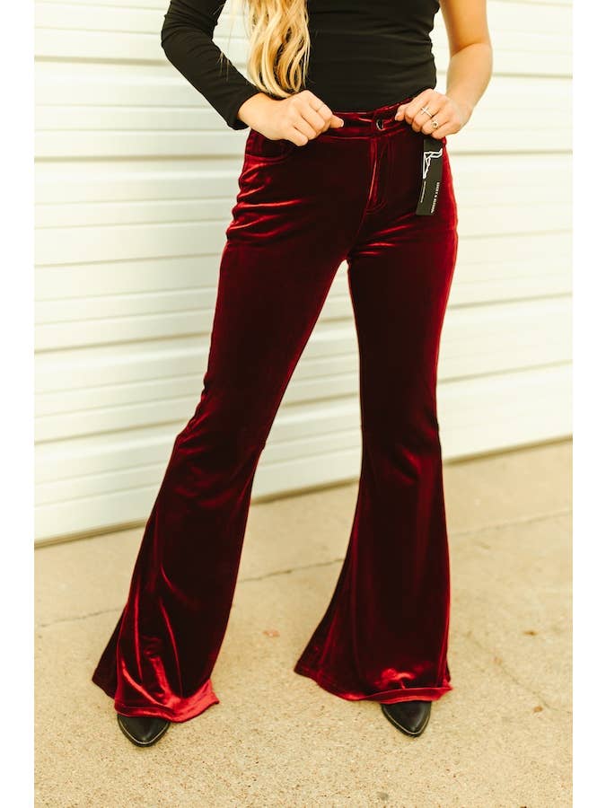 LUCKY & BLESSED - Wholesale Pants - Women's - Plus Size Wine Velvet Flare Pants