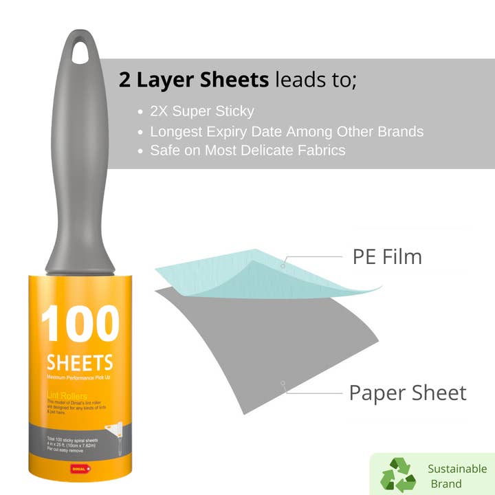 Dinial - Wholesale Lint roller - DINIAL 2 Lint Roller Handles + 10 Refills (1000 SHEETS IN TOTAL)6