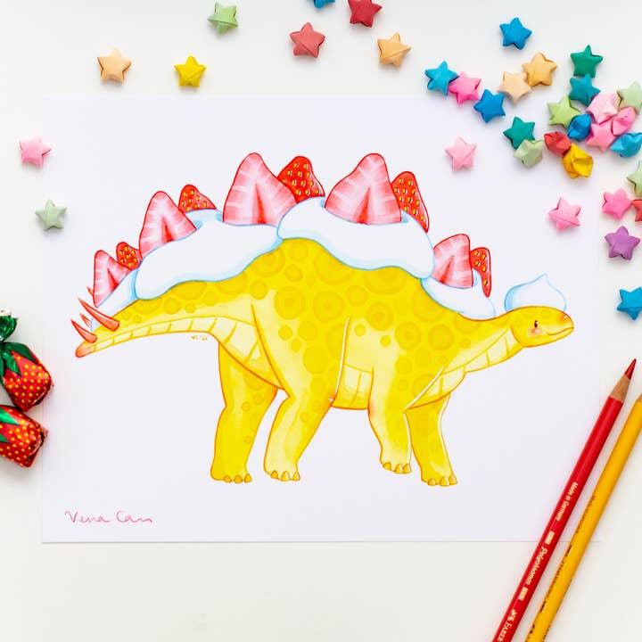 Strawberry Stegosaurus Art Print for wholesale by Vena Carr Illustration