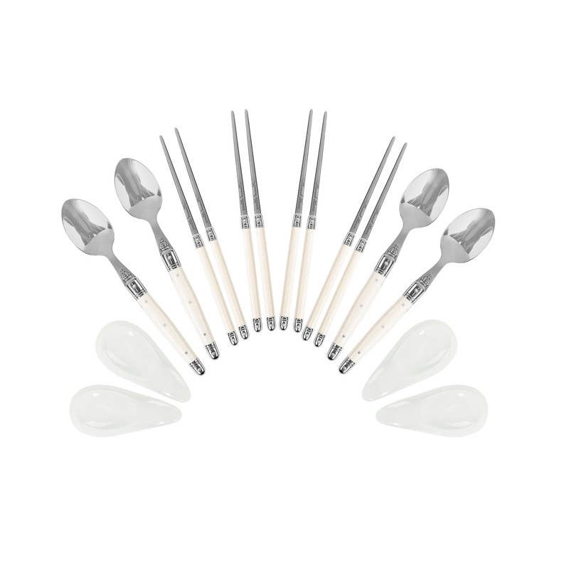 French Home - Wholesale Assorted Cutlery Set - Laguiole Faux Ivory Chopsticks & Spoons with Rests, 4 Pairs1