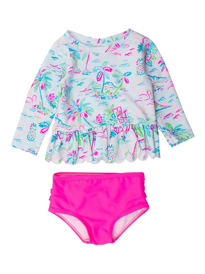 White Girls Tropical Resort Scallop Hem Long Sleeve Rash Guard 2-Piece Swimsuit with Signature Rear Ruffles
for wholesale on Faire