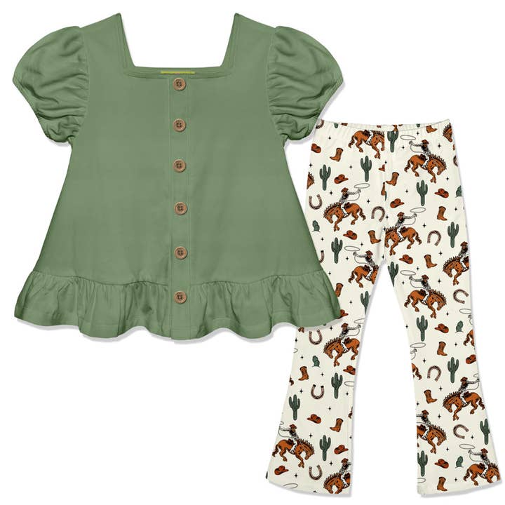 Kids Loden Frost Top & Rodeo Cactus Flare Leggings Set for wholesale by Millie Loves Lily