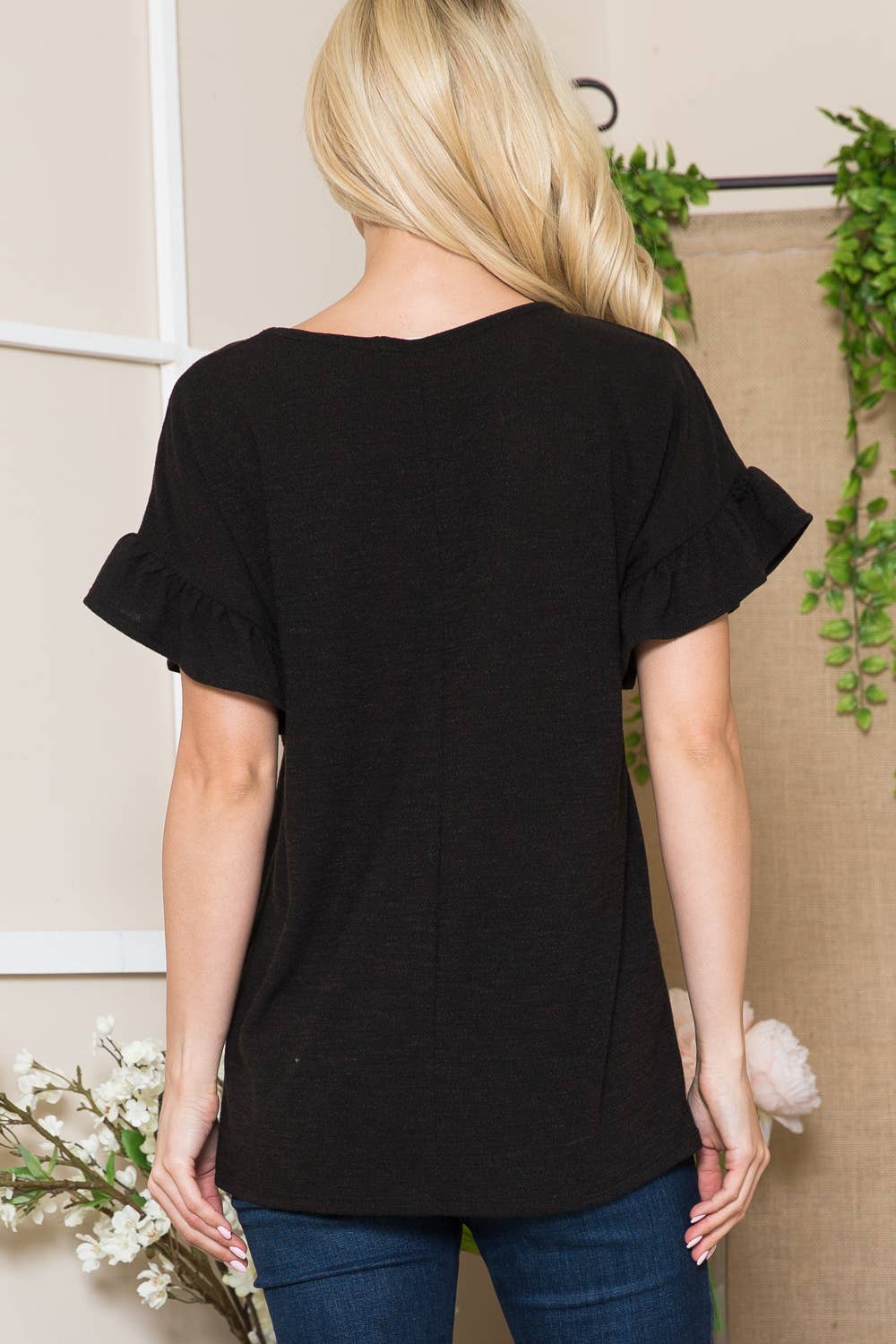 Orange Farm Clothing - Wholesale Blouse - Women's - Textured Ruffle Sleeve with X Detail- 2 Colors5