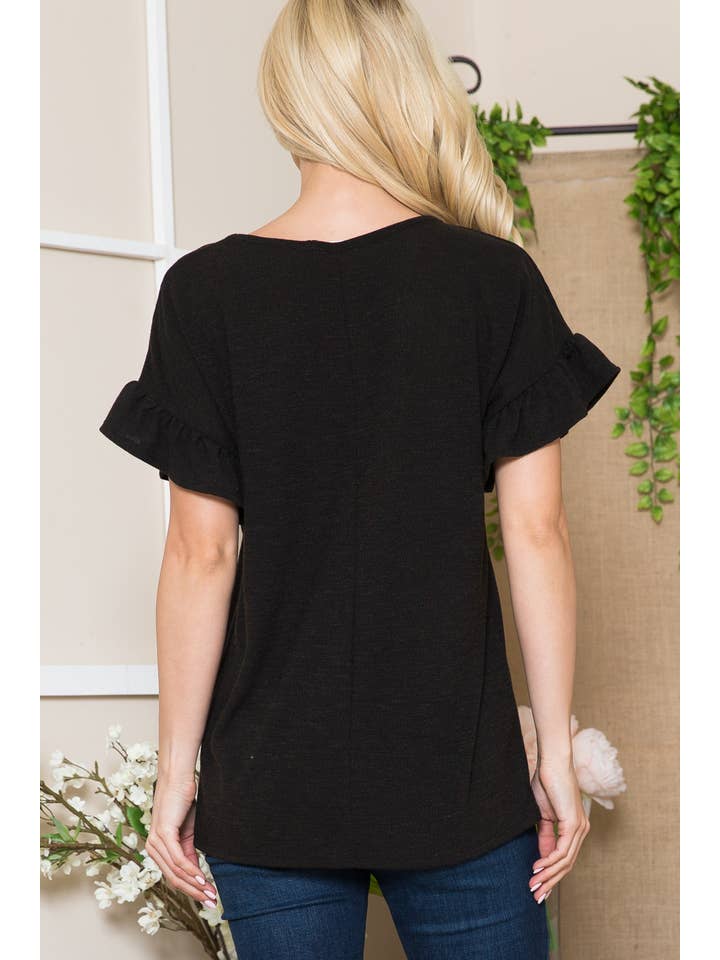 Orange Farm Clothing - Wholesale Blouse - Women's - Textured Ruffle Sleeve with X Detail- 2 Colors5