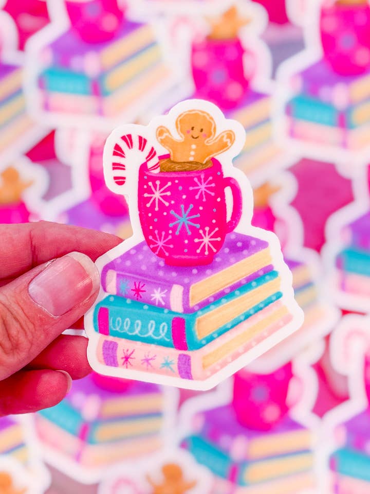 Gingerbread Book Stack Vinyl Sticker for wholesale by Emily Cromwell Designs