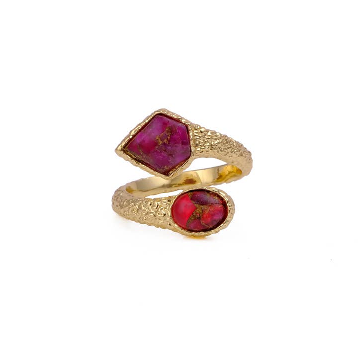 El Joyero - Wholesale Multi-stone ring - Dual Stone Ruby Mohave Jade Texture Band Adjustable Ring1