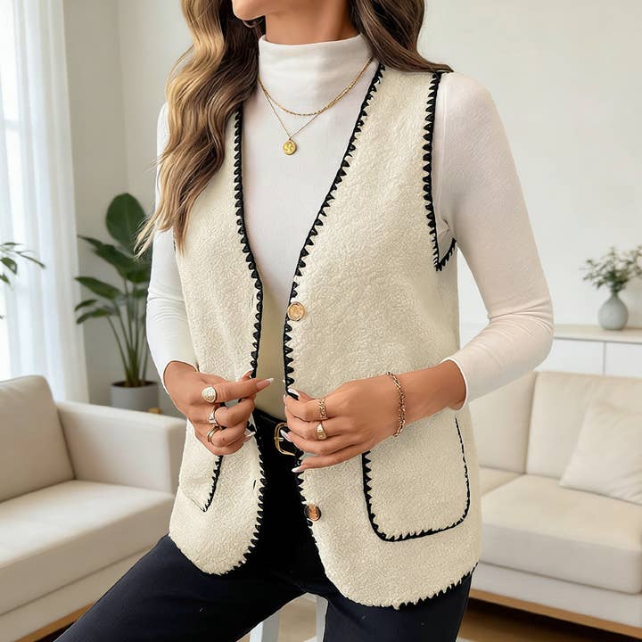 Gilet sans manches en peluche à col en V ample pour la vente par Lily Clothing